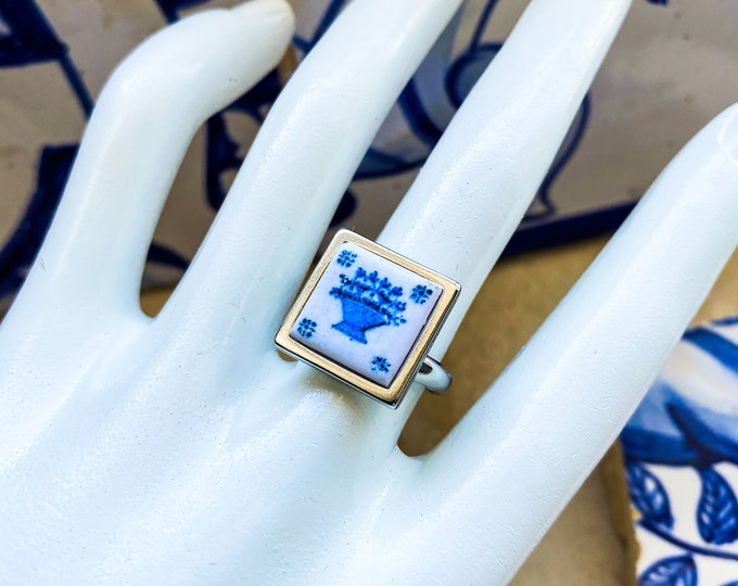 Tile Rings Portugal Tile Ring, Dainty Square Ring With Blue Delft Tiles, Trending ...