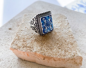 Silver Ring with Portuguese Tiles Replica, Boho Style Ring, Antique Tile Ring, Adjustable Ring, Gift for Women