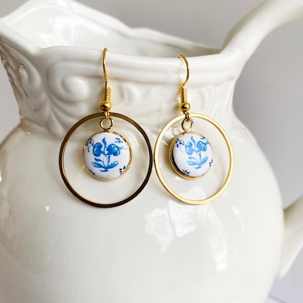 Gold Charm Hoops with Portuguese Tiles, Delft Tile Hoop Earrings, Portuguese Jewelry, Best Selling Jewelry