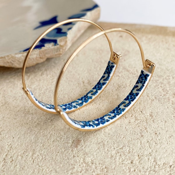 Portugal Tile Hoop Earrings, Golden Hoops, Little Hoops, Flat Bottom Hoops, Top Selling Items