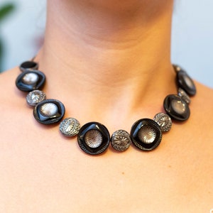 Black and silver button necklace &quot;Athena&quot;, vintage buttons, glass buttons, handamade jewelry, unique jewelry