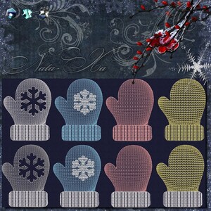 May include: Nine winter-themed mittens with snowflake designs. The mittens are in three colors: white, blue, and pink. The background is a dark blue with a white floral pattern.