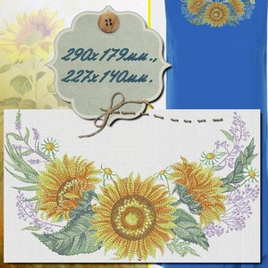Può includere: Motivo di ricamo con un arrangiamento floreale di girasoli e margherite. Il disegno misura 290x179mm o 227x140mm.