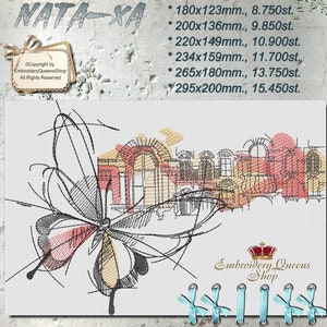 May include: A black and white line drawing of a butterfly with red and yellow accents. The butterfly is superimposed over a drawing of a building with windows. The text "NATA-XA" is at the top of the image. The text "©Copyright by EmbroideryQueens Shop All Rights Reserved" is in a box at the bottom left of the image. The text "Embroidery Queens Shop" is at the bottom right of the image.