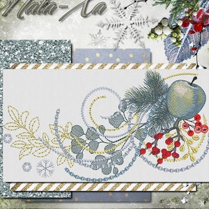 May include: Embroidered design featuring a blue apple, red berries, and green leaves on a white background. The design is surrounded by a decorative border of blue and gold swirls.