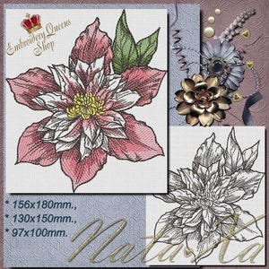 以下が含まれることがあります： ピンクと白の花で、黄色い中心と緑の葉があります。花は黒で縁取られており、質感があります。画像には「Embroidery Queens Shop」というテキストが含まれています。