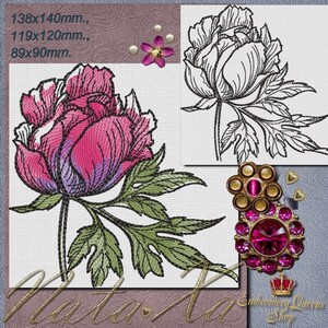 May include: Embroidery design of a pink peony flower with green leaves. The design is available in three sizes: 138x140mm, 119x120mm, and 89x90mm.