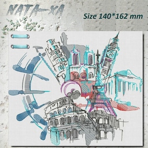 Puede incluir: Un dibujo en blanco y negro de monumentos famosos de todo el mundo, incluyendo la Torre Eiffel, el Big Ben, el Coliseo y la Torre Inclinada de Pisa. El dibujo está rodeado por un círculo azul y gris sobre un fondo blanco. Tamaño 140*162 mm.