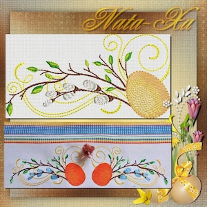 Könnte beinhalten: Zwei Stickmuster mit Ostereiern, Zweigen und Blumen. Das obere Muster zeigt ein gelbes Ei mit einem Weidenzweig und grünen Blättern. Das untere Muster zeigt zwei orangefarbene Eier mit einem Zweig mit blauen Blumen und grünen Blättern.