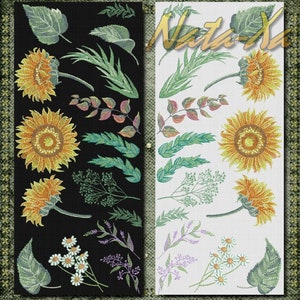 以下が含まれることがあります： 黒と白の布地に刺繍された花の模様が2列並んでいます。模様にはひまわり、葉、小さな白い花が含まれています。