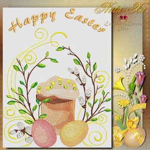 May include: Embroidered design featuring a Happy Easter greeting, a decorated Easter cake, two Easter eggs, and a floral arrangement with willow branches.