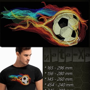 May include: A black t-shirt featuring a colourful graphic of a football on fire. The graphic is made up of red, orange, yellow, green, and blue lines. The t-shirt is available in sizes 165-296 mm, 156-280 mm, 145-260 mm, 454-240 mm, and 345-200 mm.