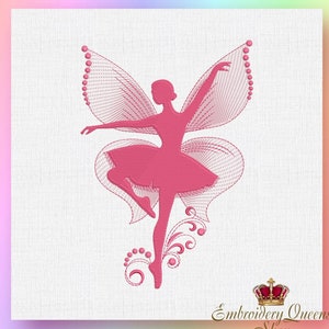 Könnte beinhalten: Rosa gestickte Ballerina mit Schmetterlingsflügeln und floralen Akzenten.