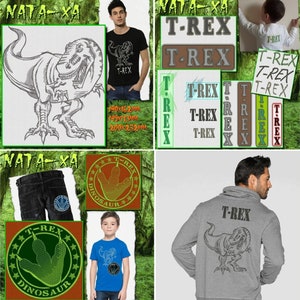 Conjunto de diseños de bordado de máquinas de dinosaurios. Dino + Sello de huella + Inscripciones. Diferentes tamaños se ajustan a diferentes aros. Lindo realista fácil