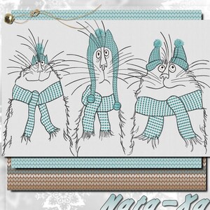 May include: Three cartoon cats wearing blue and white checkered scarves and hats. The cats are drawn in black and white with blue and white accents.