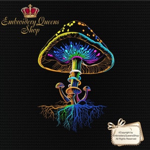May include: A colorful embroidered mushroom design with a black background. The mushroom features vibrant hues of yellow, blue, purple, and green. The design includes the text "Embroidery Queens Shop" and a copyright notice.