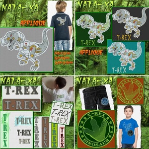Puede incluir: Un collage de imágenes con varios parches y aplicaciones con temática de dinosaurios T-Rex. Los parches son de diferentes colores y tamaños, incluyendo verde, azul, naranja y gris. Los parches presentan un diseño de T-Rex robótico, una huella de T-Rex y el texto "T-Rex" y "Dinosaurio".