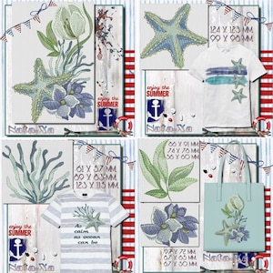 May include: A collage of four images featuring nautical-themed embroidery designs. The designs include a starfish, a seashell, a coral reef, and a leafy branch. The designs are shown on various items, including a white t-shirt, a tote bag, and a striped t-shirt. The text "enjoy the summer" is featured in the collage.