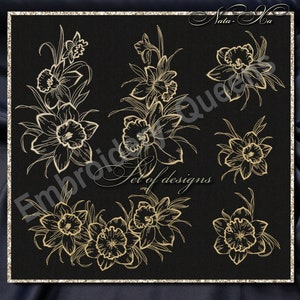 Pode incluir: Um conjunto de oito desenhos de bordado que apresentam narcisos dourados sobre um fundo preto. Os desenhos incluem flores individuais, buquês e arranjos florais.