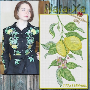 May include: Embroidered design of a lemon branch with green leaves, yellow lemons, and pink flowers. The design is 117 x 1184 mm. The text "Nata-Xa Embroidery Queen Shop" is in the upper right corner.