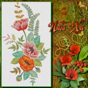 Peut inclure: Broderie florale représentant des coquelicots rouges, roses et orange avec des feuilles et des tiges vertes. Le motif est sur fond blanc et est encadré d'une bordure verte.