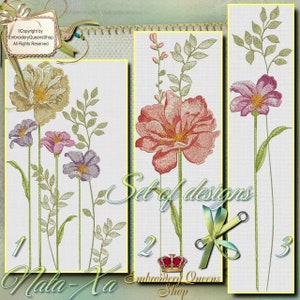 Może przedstawiać: Zestaw trzech wzorów haftu z motywami kwiatowymi. Wzory obejmują duży różowy kwiat z zielonymi liśćmi, żółty kwiat z mniejszymi różowymi i fioletowymi kwiatami oraz pojedynczy różowy kwiat z zielonymi liśćmi. Wzory są oznaczone numerami 1, 2 i 3.