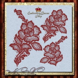 以下が含まれることがあります： 王冠と「Embroidery Queens Shop」の文字が入った、赤いレースのフラワー刺繍デザインが3つあります。