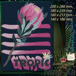 May include: Embroidered design of a pink protea flower with green leaves and the word "TROPIC" in black text. The design is on a dark blue background with pink stripes. The image includes sizing information in millimeters.