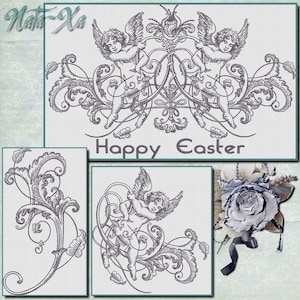 Pode incluir: Um desenho de bordado digital em preto e branco com três querubins com asas, rodeados por desenhos florais ornamentados. O texto "Happy Easter" é exibido abaixo dos querubins.