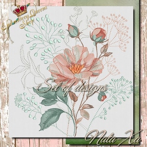 以下が含まれることがあります： 大きなピンクの花と緑の葉と茎を特徴とする刺繍デザインのセット。デザインには、小さな花や葉も含まれています。画像には「Set of designs」というテキストが表示されています。