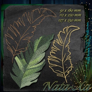 Puede incluir: Tres diseños de hojas bordadas sobre un fondo negro. Las hojas son en tonos verdes y dorados. El texto "Nata-Xa" está en la parte inferior de la imagen. El texto "91 x 180 mm, 112 x 220 mm, 127 x 250 mm" está en la esquina superior derecha de la imagen.