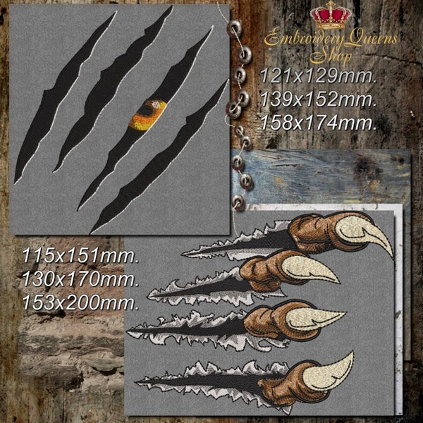 Claw Marks Machine Embroidery Design Set 2 designs Claw Rip + Eye in the Tear 3 Sizes Each Fit 5x7" (130x180mm) hoop and larger Tiger Eagle