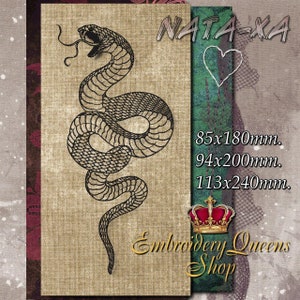 May include: Black and white line art embroidery design of a snake with the text "NATA-XA" and "Embroidery Queens Shop" on a beige burlap background. The design is available in three sizes: 8.5 x 18 cm, 9.4 x 20 cm, and 11.3 x 24 cm.