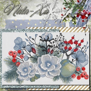 May include: Embroidered design featuring a winter floral arrangement with blue flowers, green leaves, and red berries. The design is on a white background.