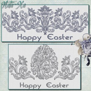 May include: Two digital embroidery designs featuring a floral pattern with the text "Happy Easter". The top design is a border with a central flower and the bottom design is an egg shape.