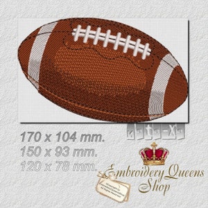 May include: A brown and white football with laces. The football is 170 x 104 mm, 150 x 93 mm, and 120 x 78 mm.