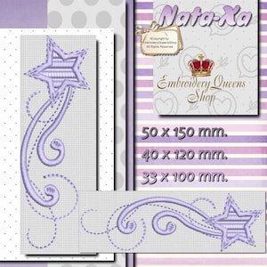 May include: A light purple embroidered star design with a curved tail and swirls. The design is on a white background with a dotted pattern. The image also includes the text "Embroidery Queens Shop" and dimensions of 50 x 150 mm, 40 x 120 mm, and 33 x 100 mm.
