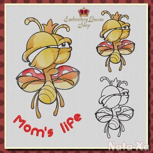 May include: Embroidered design featuring a cartoon bee with a crown, in yellow, orange, and red. The text "Mom's life" is in red. The image includes the text "Embroidery Queens Shop" and "Nata-Xa".