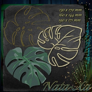 Pode incluir: Três folhas de monstera bordadas em um fundo preto com glitter dourado. As folhas são de tamanhos e cores diferentes, uma é verde claro, outra verde escuro e outra com contorno dourado. O texto "Nata-Xa" está na parte inferior da imagem.