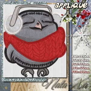 May include: Embroidered applique design of a gray owl wearing a red scarf and earmuffs. The design is available in multiple sizes, ranging from 140x159 mm to 200x227 mm.