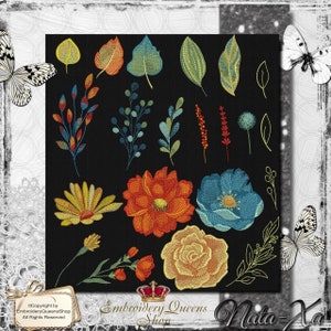 Könnte beinhalten: Ein Set mit 18 Stickmustern, die verschiedene Blumen, Blätter und Zweige zeigen. Die Designs sind in verschiedenen Farben gehalten, darunter Rot, Orange, Gelb, Blau und Grün. Die Designs sind perfekt, um Ihren Stickprojekten einen Hauch von Natur zu verleihen.
