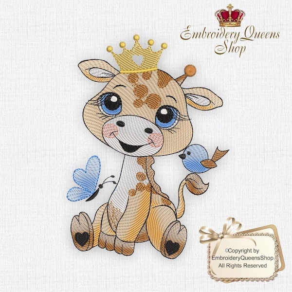 Baby Giraffe Machine Embroidery Design Safari Babies series 3 Sizes to Download Fit 5x7" (130x180mm) hoop and larger. Cute Boy Giraffe Crown