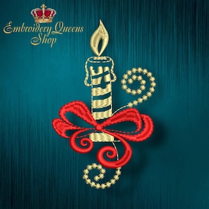 May include: Gold embroidered candle with a red bow and gold swirls on a teal background. The text "Embroidery Queens Shop" is at the top of the image.