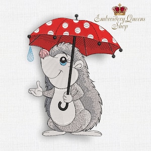 May include: A cute cartoon hedgehog holding a red and white polka dot umbrella. The hedgehog is smiling and has blue eyes. A single blue raindrop is falling from the umbrella.