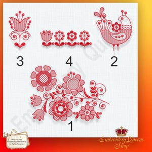 Könnte beinhalten: Vier rote Stickmuster, nummeriert von 1 bis 4. Muster 1 ist ein Blumenmuster mit einer großen Blume und kleineren Blumen. Muster 2 ist ein stilisierter Vogel. Muster 3 ist eine einzelne Blume. Muster 4 ist eine Reihe von fünf Blumen.