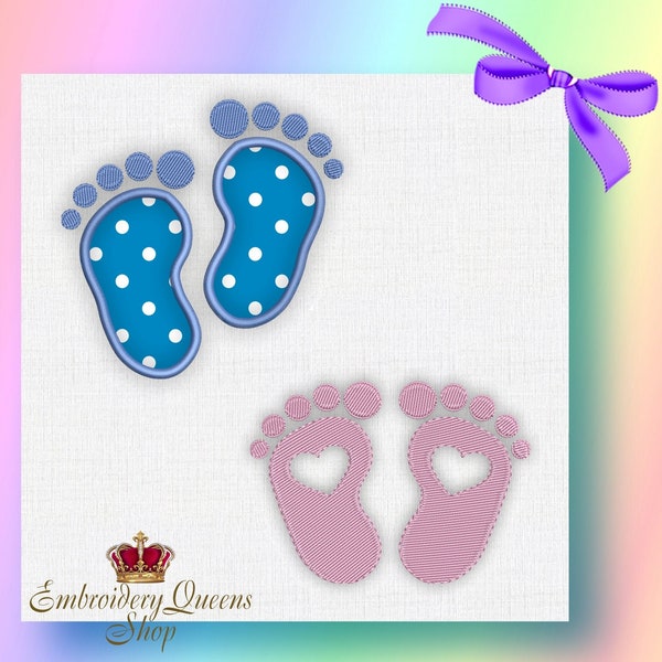 Baby Feet Footprint Applique and Machine Embroidery Design Set of 2 Designs  5 Sizes Fit small hoops Feet Split to Customize Boy Girl Cute