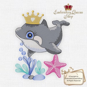 May include: Embroidered design of a grey dolphin wearing a gold crown with a heart on top, surrounded by pink and green coral and a pink starfish. The design is titled "Embroidery Queens Shop".