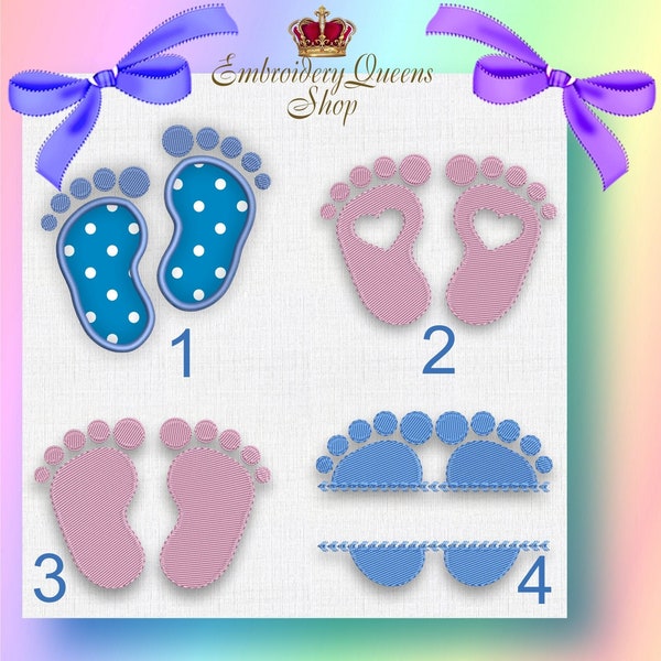 Baby Feet Footprint Applique and Machine Embroidery Design Set of 4 Designs  5 Sizes Fit small hoops Feet Split to Customize Boy Girl Cute