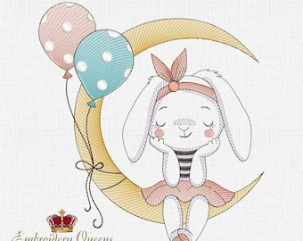 May include: A white bunny with pink cheeks and a pink bow sits on a yellow crescent moon. The bunny is holding its hands up to its face and has its eyes closed. Two balloons, one pink and one blue with white polka dots, are floating above the bunny.