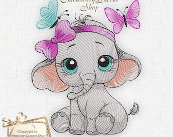 May include: Embroidered design of a gray elephant with pink bow and headband, blue eyes, and two butterflies, one blue and one pink.
